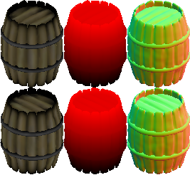 Image of a wooden barrel with diffuse, height and normal maps color encoded