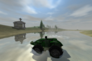 Image of an all terrain vehicle driving in water rendered using David Piuva's graphics engine