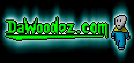 Pixelated retro style Dawoodoz logotype with a gray alien on the right side