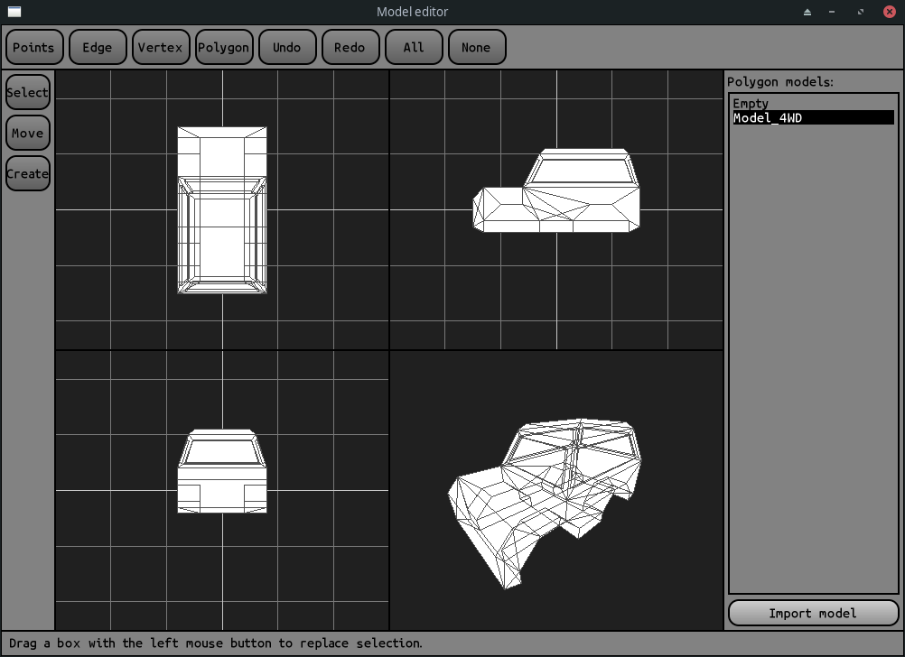Image of the model editor with three flat views and one perspective view of a car.